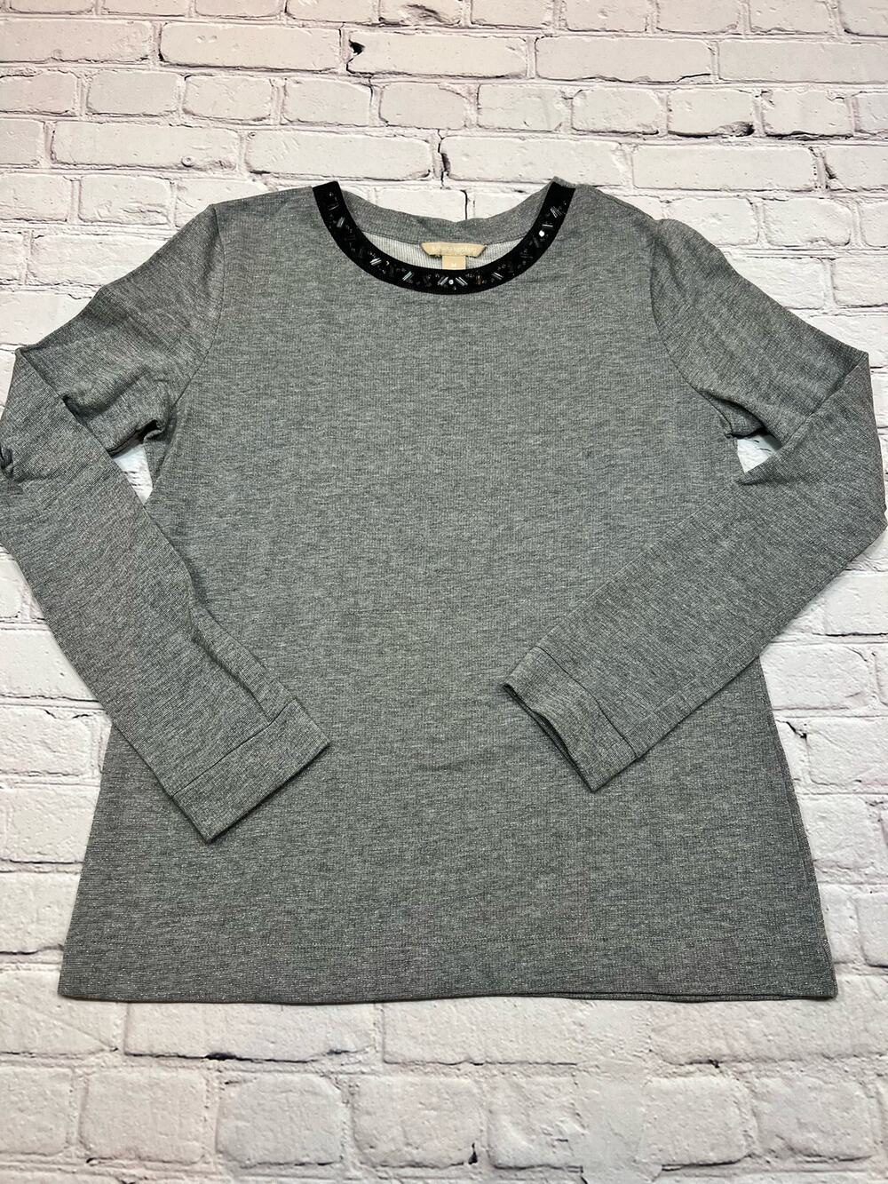 Banana Republic Sylsia Sweater sliver Gray Shimmer Jeweled Neckline size M A428